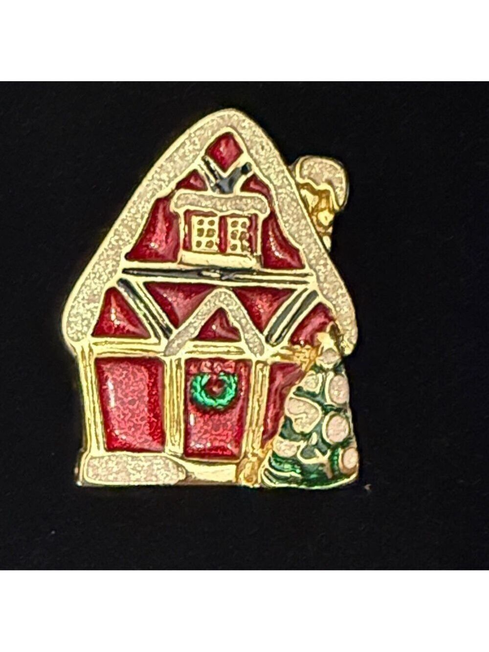 SFJ signed vintage Christmas Cottage Gingerbread House Enamel Brooch Pin